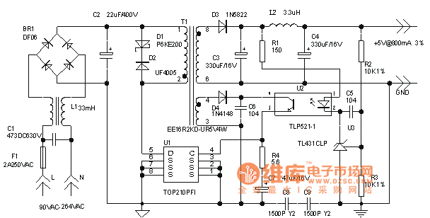 5V 4W开关型稳压直流电源电路图