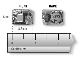 图2. 采用MAX1605，该6mm x 8.5mm的DC-DC转换器将2.5V升压至75V。顶层和底层的电路布局如图所示。