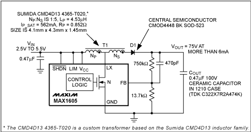 图6. 本电路布局如图2所示，用来从2.5V产生75V的输出电压。
